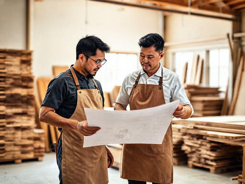 Two Kanvara carpenters reviewing a furniture blueprint in the workshop