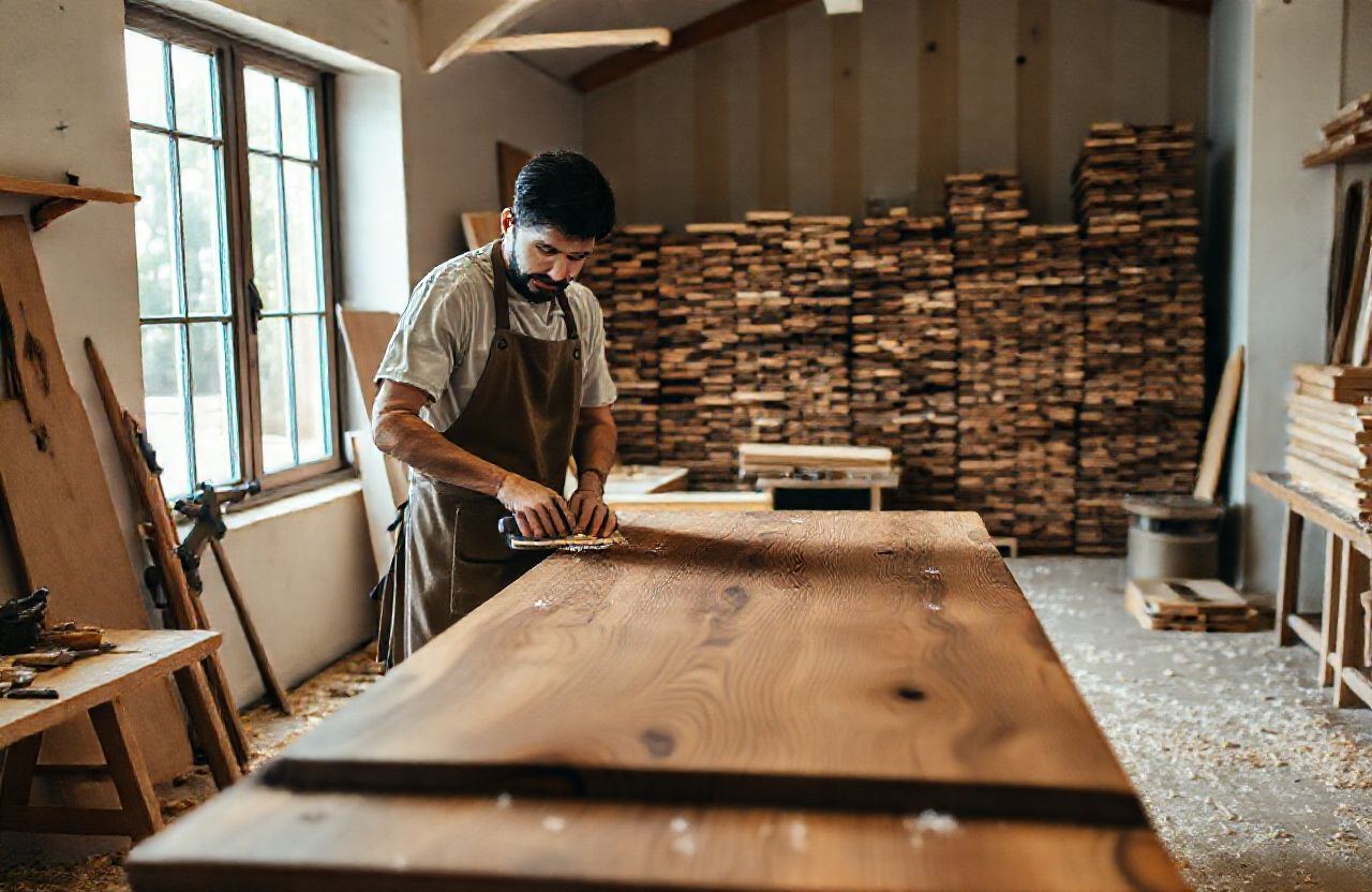 Master carpenter hand-planing a solid hardwood tabletop in the Kanvara workshop