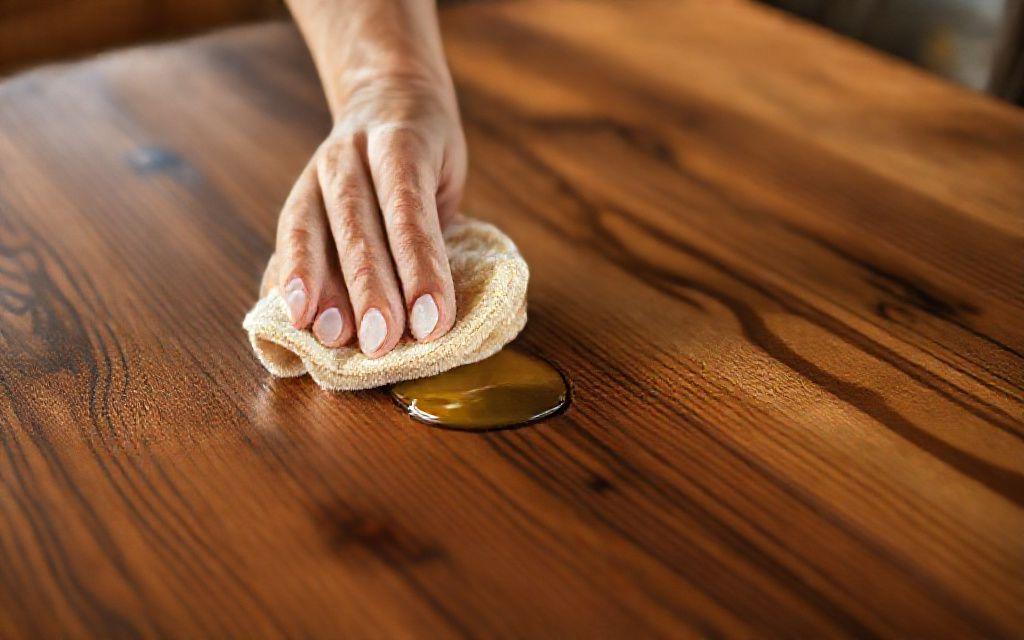 Applying oil finish to a wooden tabletop with a cloth